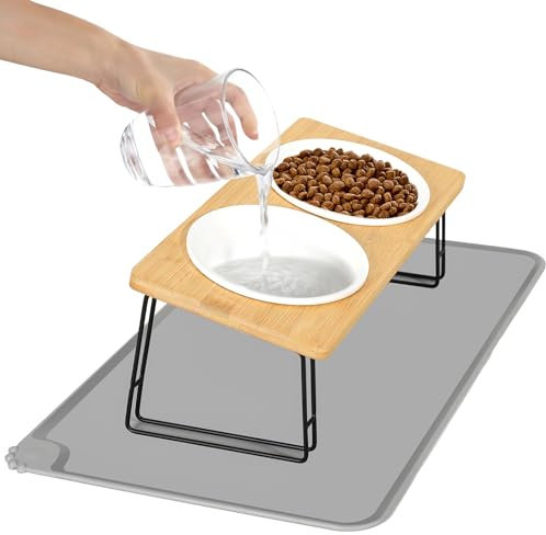 Otauoaea Katzennapf Erhöht -2er Set Futternapf Katze aus Keramik mit Napfunterlage Silikon,Ergonomischer Futterstation 15°gekippte Katzen Hundenapf,Fressnapf und Wassernapf für Katzen und kleine Hunde