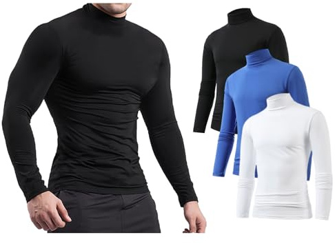 Jamron 3-pack långärmade kompressionsskjortor för män – sport löpning baslager toppar – termiska stoppade halsundertröjor, Svart + Blå + Vit, S