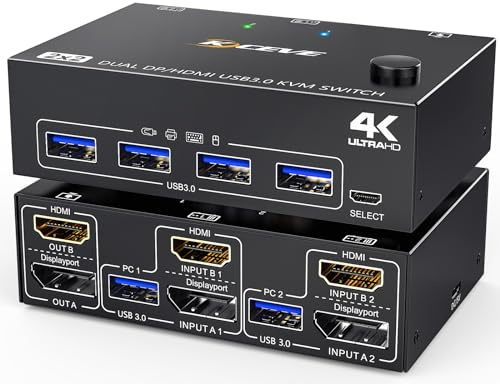 USB 3.0 HDMI + DisplayPort KVM-switch 2 skärmar 2 datorer 4K@60Hz 2K@120Hz, MLEEDA dual monitor KVM-switch med 4 USB 3.0-portar för tangentbord och mus, Trådad fjärr, 12V ström