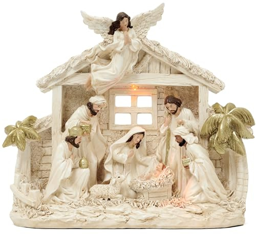 Valery Madelyn Christmas Nativity Figurines with LED Lights, Large White Gold Holy Family Nativity Scenes Resin Manger for Xmas Indoor Home Table Fireplace Holiday Decorations, 10.6 Inch Tall