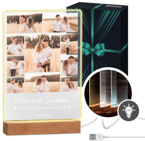 Maverton Cornice LED luminosa con supporto in legno - Quadro in vetro acrilico personalizzato con collage di foto - Lampada con foto per uomo per il compleanno - 21x32x4,5cm - Uniti