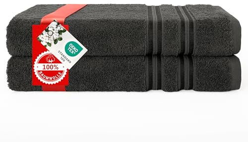 Hammetex 2er Badetücher Set, 100% Baumwolle Premium Qualität Groß 70x140cm Duschtücher, Weich Saugstark Schnell Trocknendes Badetücher, Anthrazit