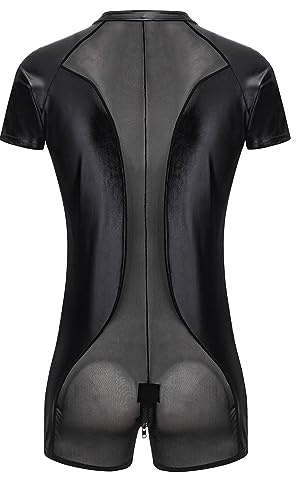 YOSUWOAI Mono similar al látex para hombre, de piel de charol, con inserto de malla, con aspecto mojado, erótico, con cremallera, camiseta sexy, elástica, ajustada, muscular, camiseta de moda, ropa