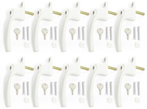 TSS UPVC Window Handle in White, 10 Pieces, Locking Universal Inline Espag Double Glazing Window Handles, 40mm Spindle, Window Handles for UPVC Windows