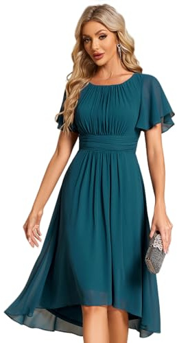 Ever-Pretty Women's Chiffon Crew Neck Pleated Waist Short Sleeve Wedding Guest Dress Bridesmaids Teal 16UK