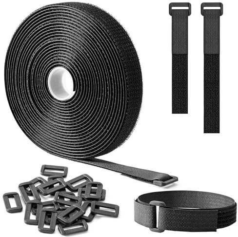 Trilancer 5M x 2CM Reusable Cable Ties, Adjustable Hook and Loop Straps with 25 Buckles, Cut to Length, Ideal for Wire Management, Cord Organizer, and Cable Straps, Black
