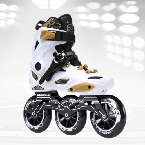 MHXZKHL Patines De 3 Ruedas, Patines En Línea Profesionales para Hombre Y Mujer con Bota Interior Dividida Extraíble Y Lavable, Patines De Velocidad De Alto Rendimiento para Adultos(40,White+Gold)