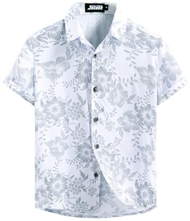 JOTOOK Boys Hawaiian Shirt Short Sleeve Button Down Shirt Casual Floral Tropical Beach Shirts 6-14 Years 14 WhiteBlue Flower