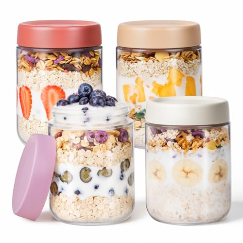 PITCH + PULSE Overnight Oats Jars, 4 pack 500ml/16oz Overnight Oatmeal Container with Lid, Homemade Yogurt Oatmeal Salad Jam Pudding Storage Container