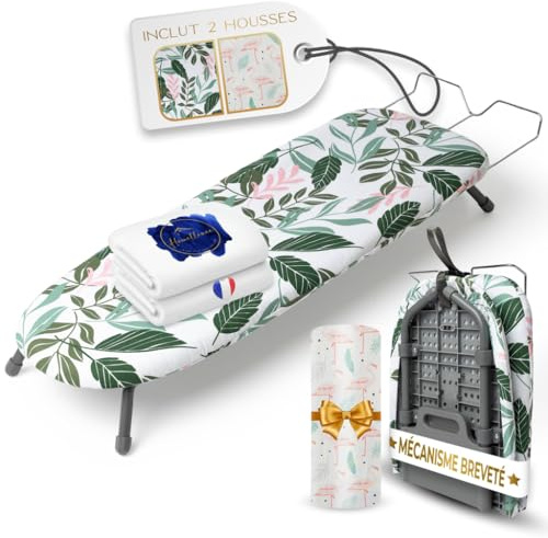 Homellence Tabla de Planchar Plegable Pequeña de Mesa - Tabla de Planchar Sobremesa con 2 Fundas Premium con Mecanismo Patentado para Mayor Estabilidad - Ahorra Espacio en Casa y Viajes (Verde)