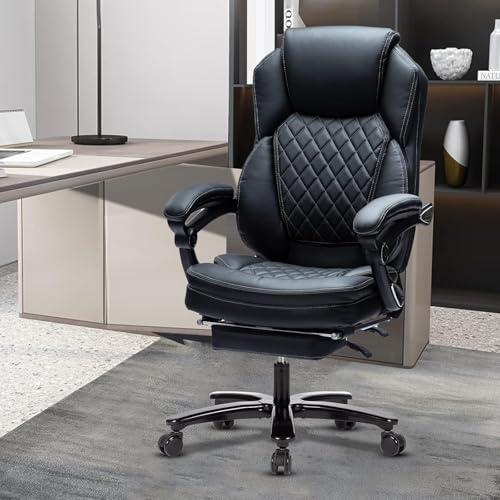 Centilab Chefsessel Bürostuhl 180KG mit Hochklappbaren Armlehnen für schwergewichtige,PU Leder Ergonomischer Computerstuhl Schreibtischstuhl mit Rollend,&Hohe Rückenlehne-Für Homeoffice, Tiefschwarz