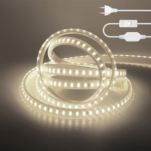 Wisada 220V Tira LED con encendido/apagado [7m, Blanco natural 4000-4500K],flexible e impermeable IP65,SMD2835,120 LEDs/m Guirnaldas luminosas recortable CRI85+,iluminación decorativa para el hogar