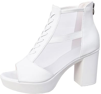 Sandalias Peep-Toe para mujer con tacón de bloque blanco y cordones en el tobillo, zapatos casuales de tacón alto con parte superior de encaje y cordones corsé | Zapato elegante para salir, Estilo U03