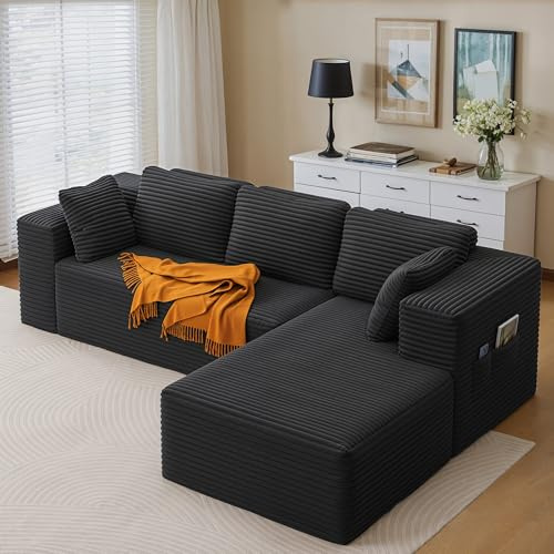 Xbro Divano con Chaise Longue Destra 3 Posti, Divano Angolare Modulare a L in Velluto a Coste, con Cuscini e Tasche Laterali, per Soggiorno Casa, 250x160x62 cm, Grigio Scuro