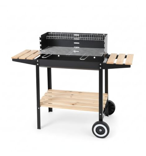 MAKA Barbecue a Carbone con Ruote e Ripiani in Legno, BBQ da Giardino e Terrazzo con Griglia Regolabile Inox, Barbecue Portatile in Acciaio Antiruggine 93x93x85 cm (A)