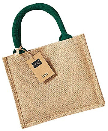 Westford Mill Mini Jute Gift Tote Bag Lunch Present Tote Craft WM412 (Natural/Forest Green)