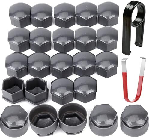 Gebildet 24pcs capuchons d'écrou de roue 17mm (5 capuchons de boulon antivol+19 capuchons de boulon normaux) cache-écrous de pneu hexagonaux avec ensemble d'outils de démontage pour voitures (gris)
