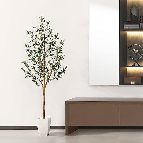 PISKOAN Künstlicher Olivenbaum, künstlicher Olivenbaum, hohe Seidenpflanze, großer Boden, Topfbaum mit Früchten, für Zuhause, Büro, Wohnzimmer, Innen- und Außenbereich, Moderne Dekoration