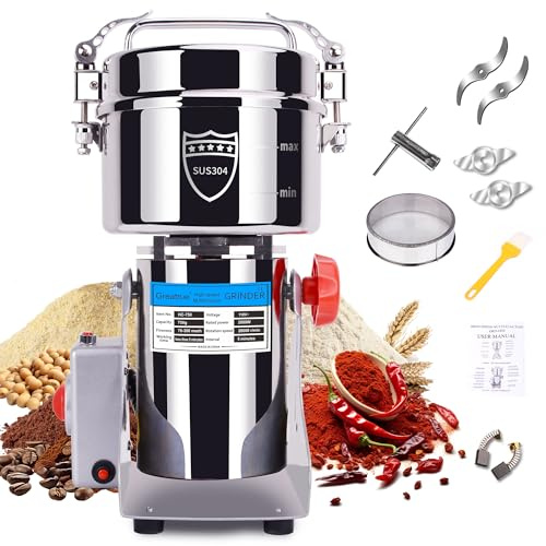Greatrue 750g Electric Grain Mill Grinder, 304 Stainless Steel Flour Mill, 2800W High Speed Spice Grinder, Electric Grain Mill for Dry Wheat, Oats, Corn, Pepper and Coffee Beans