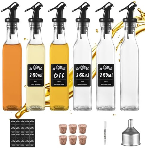 Oinvs 6PCS Oil Bottle Dispenser 250ml/8.8OZ Olive Oil Bottle for Kitchen,Thickened Food Grade Lead-Free Glass,Oil & Vinegar Bottle Set for Multiple Kitchen Condiments with Leak Proof Pouring Spout