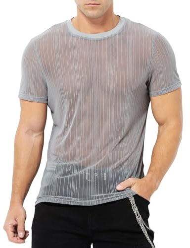 Casey Kevin Tee Shirt Transparent Homme Chemise Paillette T-Shirt Resille Tenue Sexy Homme Respirant T-Shirt Glitter Festival Clubwear Transparent Haut en Gaze
