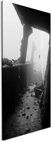 Splendido relitto subacqueo panoramico, 60 x 30 cm, effetto: bianco e nero, su tela, motivo già incorniciato su telaio in vero legno, stampa digitale di alta qualità con cornice