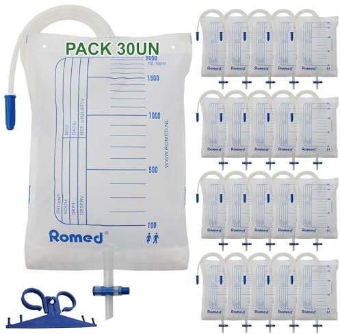ROMED Bolsas de Orina 2 Litros Transparentes - Pack de 30 Unidades | Colector Urinario con Tubo Flexible de 90 cm y Válvula Anti-Reflujo | Diseñadas para Incontinencia en Hombre y Mujer