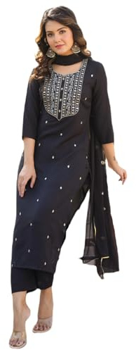 GoSriKi Women's Cotton Blend Embroidered Kurta Set with Pant & Dupatta – Straight Calf-Length, 3/4 Sleeve, Round Neck – Elegant Ethnic Attire (5 Colors, S–5XL)