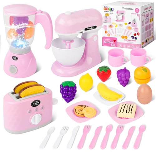deAO Küchengeräte Kinder Set, 3 in 1 mit Mixer, Toaster, Entsafter und Spielzeugessen, Spielküche Spielset für Kinder, Kinderküche Zubehör Frühstücksset, Rollenspiel für Jungen und Mädchen (Rosa)
