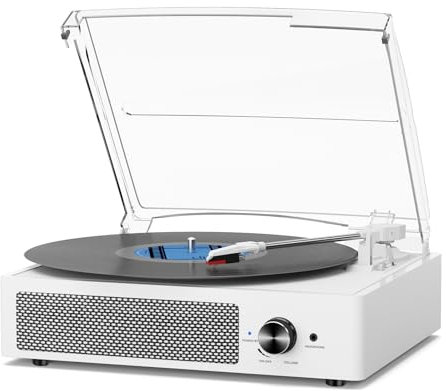 Vinyl Plattenspieler, Bluetooth tragbaren Vinyl Plattenspieler Schallplattenspieler mit 3-Gang 33/45/78 U/min und Eingebauter 2 Stereo Lautsprechern, RCA Ausgang, AUX-Eingang Stilvolles Weiß