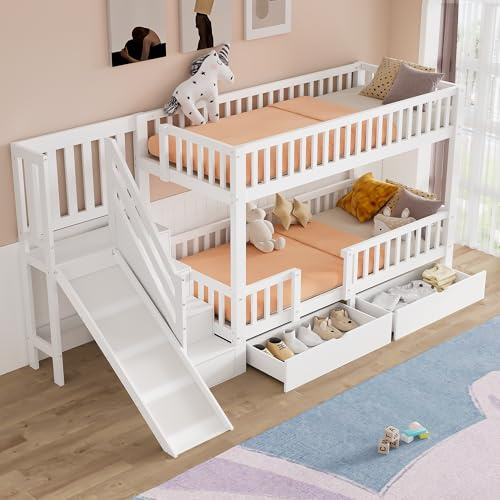 xixiworkshop Hochbett 90×200,Etagenbett mit 2 Schubladen/Treppe, Jugendbett mit Lattenrost/Rausfallschutz/Stauraum, ohne matratze