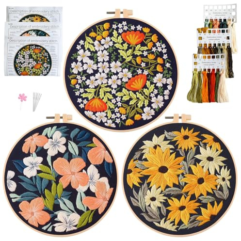 Myfelicity Floral Embroidery Kit, 3-Pack Decorative Hoop Art Set with Sunflower, Poppy, and Mixed Flower Patterns, Black Background