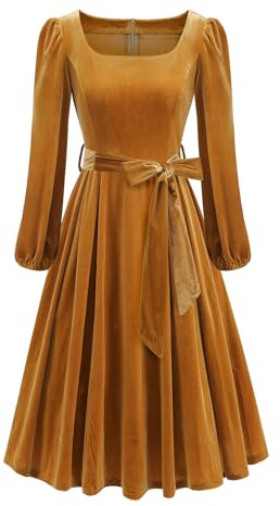 EFOGEP Abito in velluto da donna anni '50 vintage a manica lunga con collo quadrato, abiti natalizi per autunno e inverno, abito da cocktail, da festa, da cerimonia, da ospite formale, a linea, a