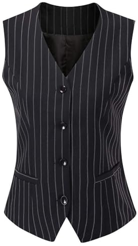 Gowjog Gilet Costume Femme Sans Manches Veste C-noir à fines rayures XXL
