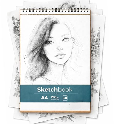 Sketchbook A4 – Bloc de Dibujo A4 con Papel Grueso 190 g/m² sin Margen, Espiral, 50 Hojas Microperforadas