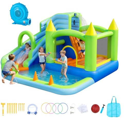 VEVOR Castello Gonfiabile per Bambini Parco Acquatico con Scivolo Canestro da Basket Piscina, Castello Gonfiabile Gioco d'Acqua 344x374x213 cm Capacità di Peso max. 160 kg per Bambini 3-8 Anni