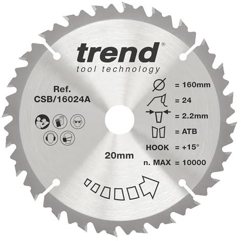 Trend Wood Circular Saw Blade, 160mm Diameter, 20mm Bore, 24 Teeth, 2.2mm Kerf, +15° Hook, TCT, Medium Finish, CSB/16024A