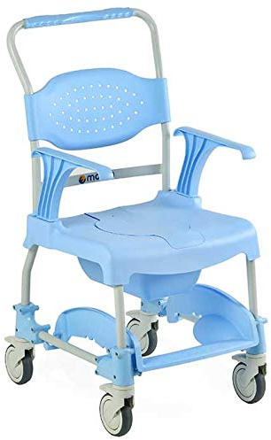 SILLA DE DUCHA MOEM, se puede acoplar directamente al inodoro, de serie viene con cubeta y tapa de asiento, reposabrazos y reposapié abatible