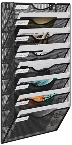 EasyPAG Metal 8 Tier A4 Wall Mounted Document Holder,Hanging Wall File Organiser,Pigeon Holes Storage,Wall Pocket,Filing Tray,Magazine Rack for Office & Home,Black