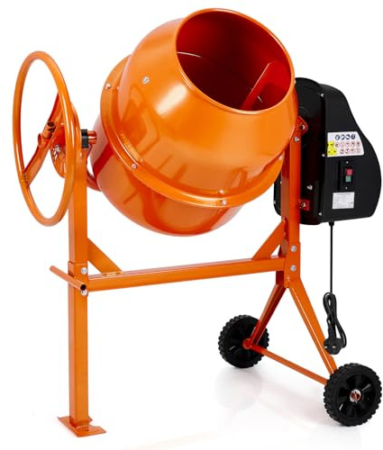 DKIEI 120L Electric Cement Mixer, 450W Concrete Mixer with Wheels and Stand, Portable Mud Mixer Machine for Cement, Stucco, Seeds and Fodder, 230V, 50Hz, 30RPM, Orange
