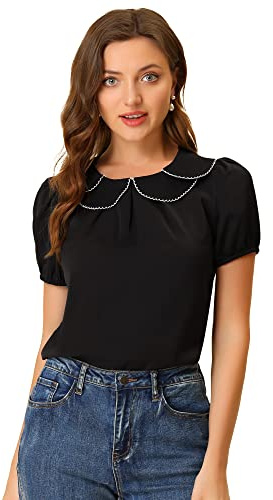 Allegra K Women's Puff Sleeve Summer Peter Pan Collar Blouse Tops Medium Black