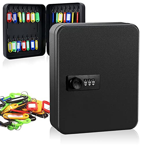 Combination Key Safe Box 28 Key Cabinet Wall Mounted Key Safe Storage for Outdoor, Steel Security Lock Box with 30 Key Tags, Keysafe Outside Organiser, for Indoor Outside Property Garage, Black
