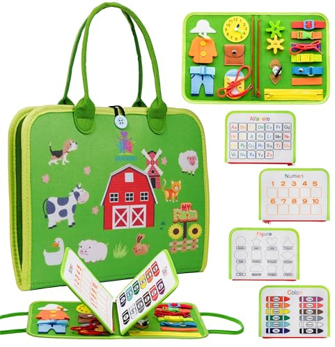 BrioKids Libro Montessori Interattivo in Feltro - Busy Board Montessori Italiano - Gioco Bambino 2, 3, 4 Anni - Valigetta Sensoriale con Giochi Educativi per Maschio e Femmina per Sviluppo Cognitivo