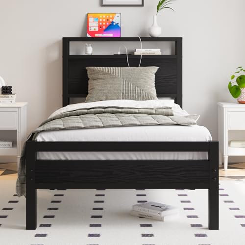 HOJINLINERO Bettgestell Metallbett 90x200 mit Lattenrost & USB Ladefunktion,Einzelbett Gästebett Jugendbett 90x200 mit Stauraum Kopfteil,Bettrahmen aus Metall Holz,Stauraumbett Bed Frame,Schwarz