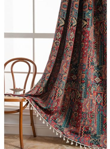 Tokusyou Bohemian Vintage Vorhänge Geometrisch Blickdicht Gardinen Rot Leinenoptik Boho Jacquard Baumwolle Vorhange mit Quaste Rod Pocket für Wohnzimmer Schlafzimmer 1 Stück B150×H240cm