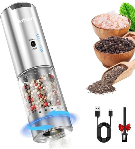 MERTTURM Macinasale e Pepe Elettrico, Macina Sale e Pepe Ricaricabile Tramite, 2 Velocità&5 Livelli di Macinatura Regolabili, Macina Pepe Auto in Acciaio Inossidabile con Contenitore Lavabile/Luce LED