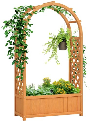 Outsunny Jardinière surélevée en bois avec treillis en arche, doublure en tissu, boîte de jardinière avec trous de drainage, jardinière en treillis pour plantes grimpantes, fleurs, herbes, légumes, 83