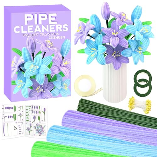 ZEIZHUBN Pfeifenreiniger Blumen Set, 300 Stück Pfeifenputzer zum Basteln, Pfeifenreiniger zum Basteln, 3 Farben Pipe Cleaner mit Blumendraht, Blumenband für Blumenstrauß DIY Dekorationen (Violett)
