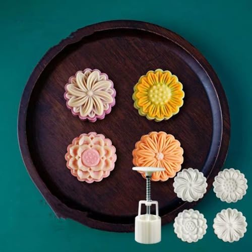 Mooncake - Molde de 50 g, moldes para tartas de luna con sellos de prensa de pastel de luna, flores 3D, juego de prensa de galletas, para fondant, postre, cupcakes