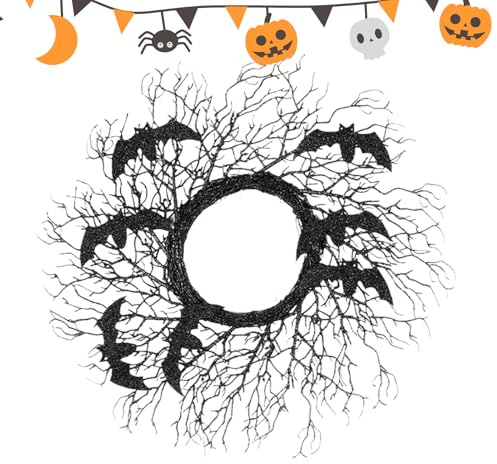 Xijobido Corona de Halloween para Puerta | Corona Artificial De Ramas con Murciélagos - Decoración Gótica Exterior de Guirnalda para Puerta Principal Pared Marco de Ventana Sala de Estar Armario
